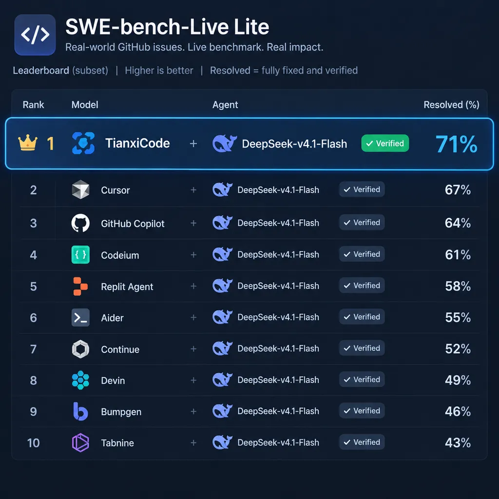 SWE-bench-Live Lite排行榜截图,突出TianxiCode与DeepSeek-v4.1-Flash组合的71%问题解决率和Verified标识