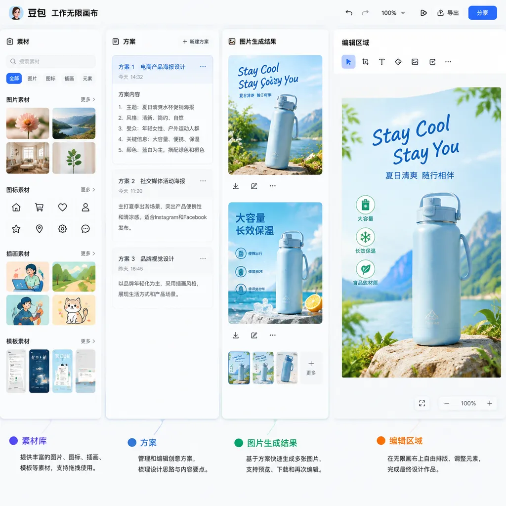Schematic of the Doubao Work infinite canvas interface, showing materials, proposals, image-generation results, and editing areas arranged side by side