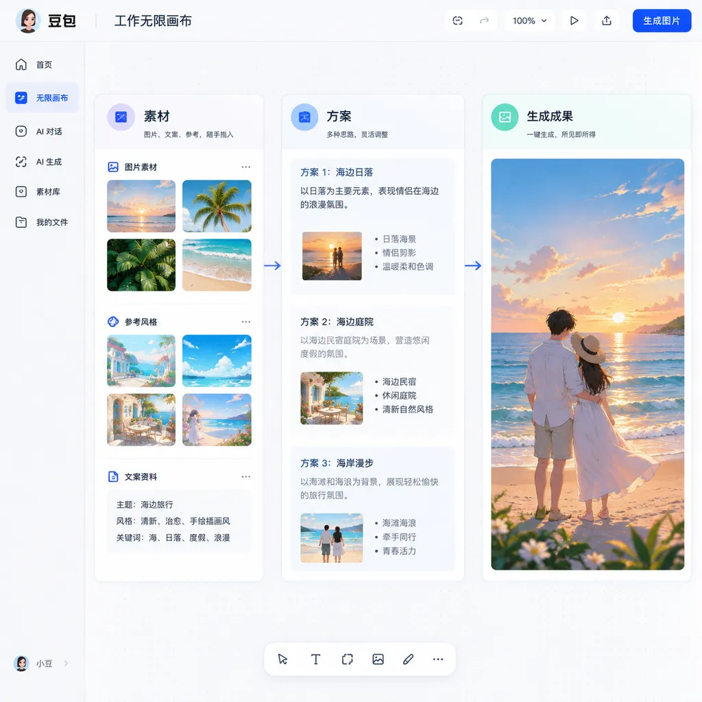 豆包工作无限画布界面示意,展示素材、方案与生成成果在同一空间中并排排列