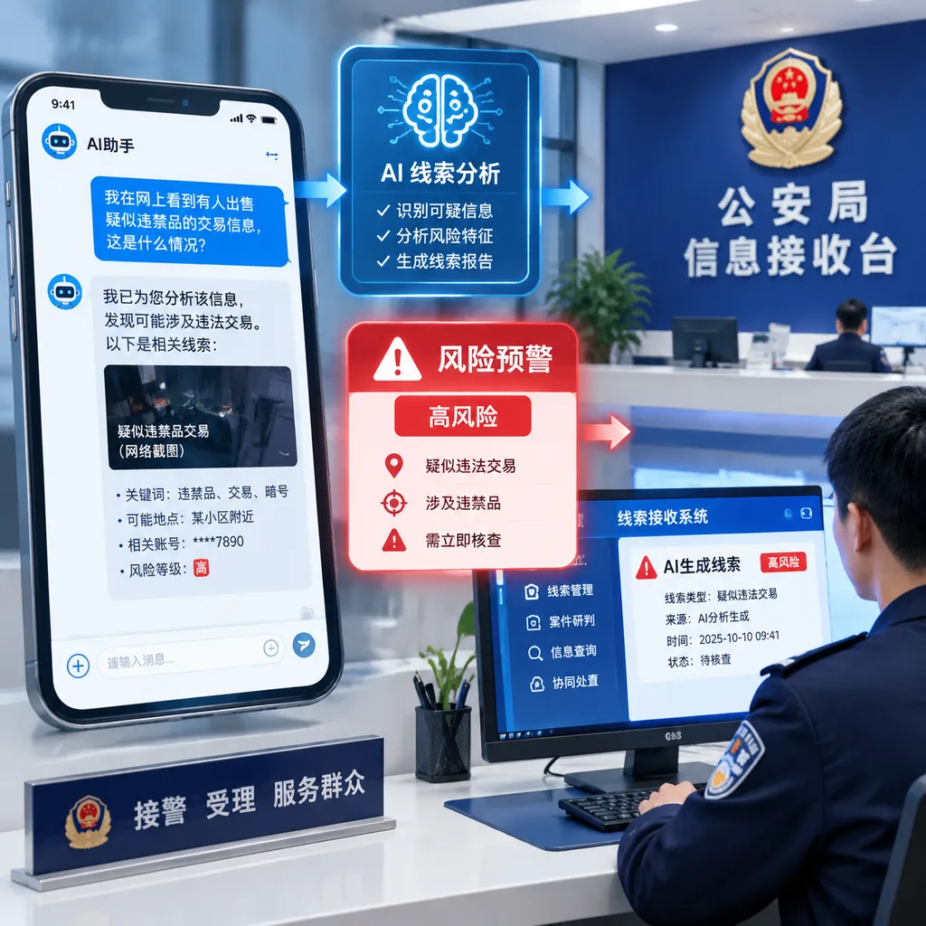 警方接收AI生成线索的概念示意图,画面包含聊天窗口、风险预警和警察局信息台