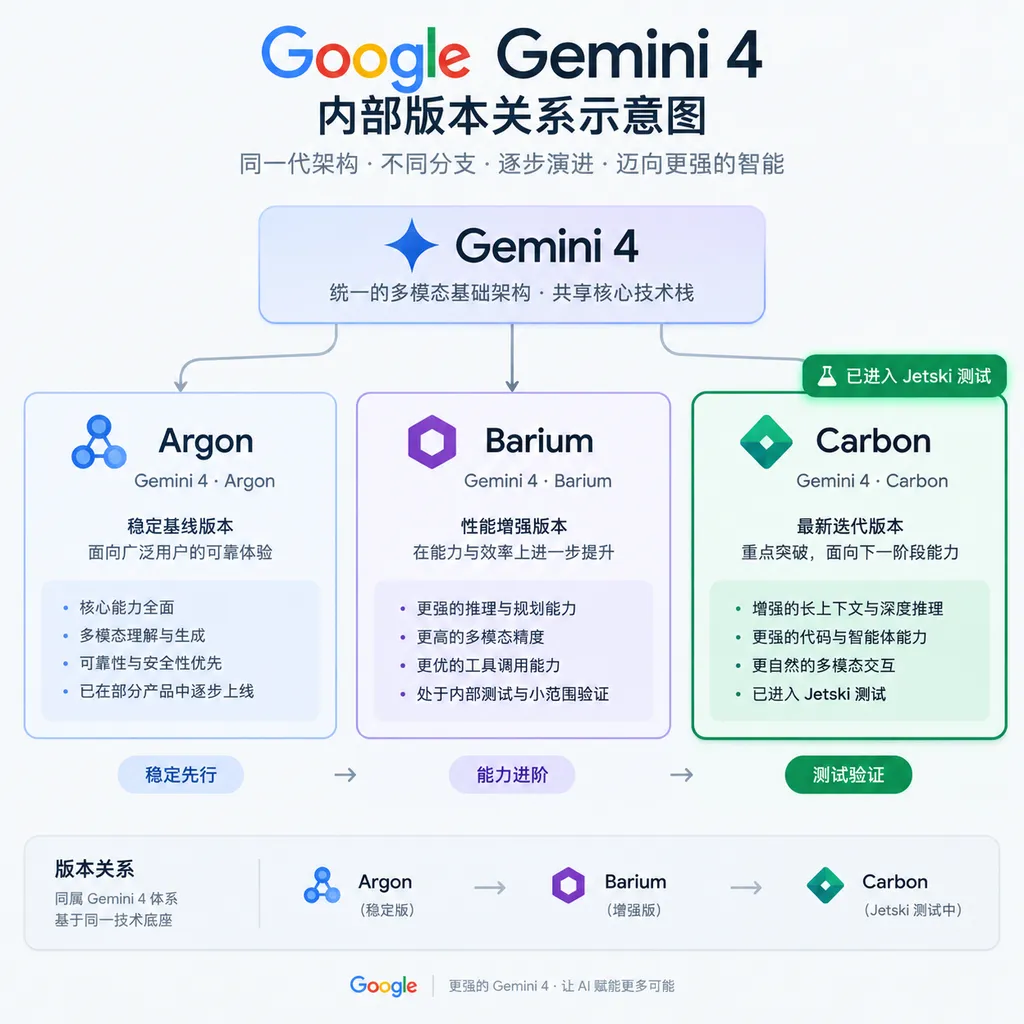 谷歌 Gemini 4 Argon、Barium 与 Carbon 内部版本关系示意图,突出 Carbon 已进入 Jetski 测试