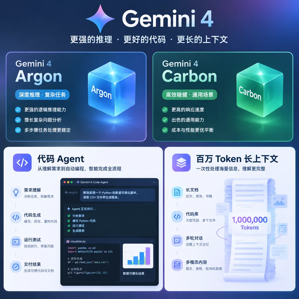 Illustration of Gemini 4 Argon and Carbon internal testing, code Agents, and million-token long contexts