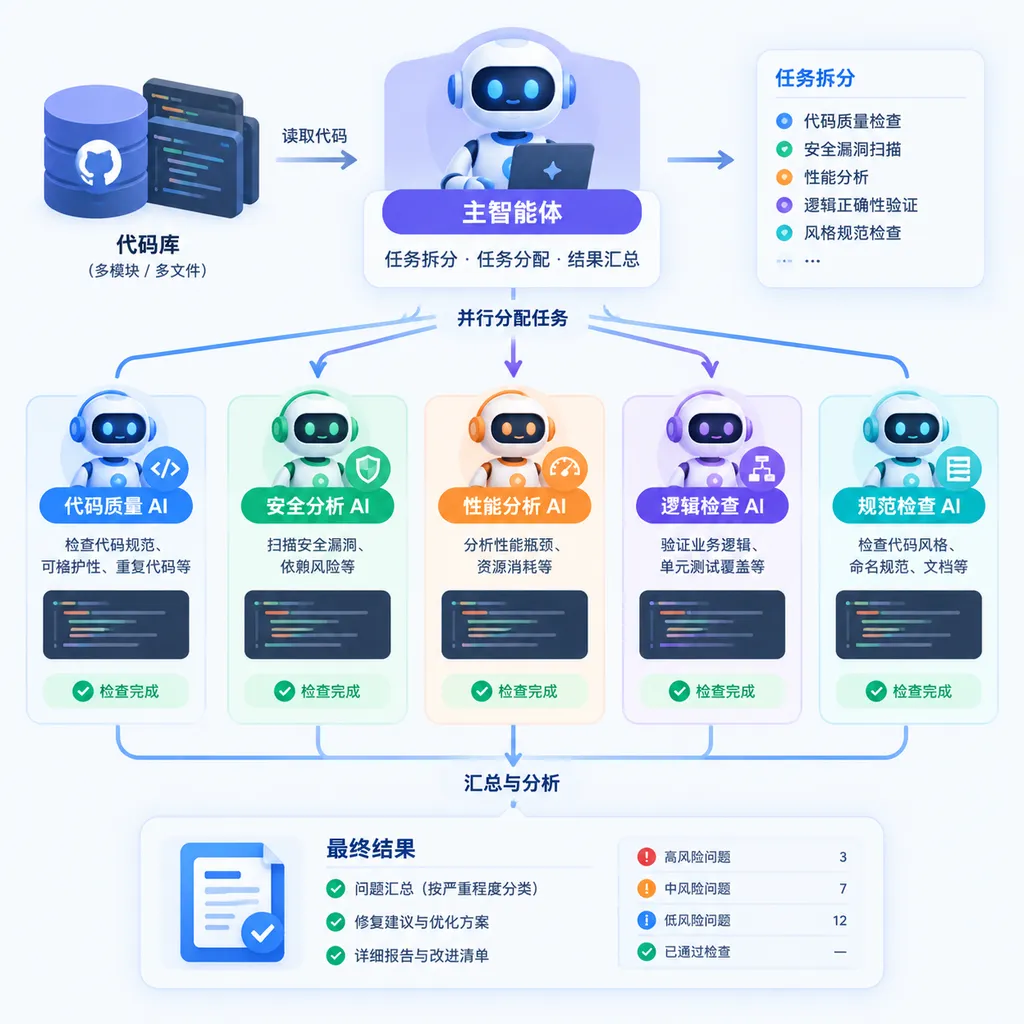 多个 AI 智能体并行检查代码库,主智能体负责任务拆分与结果汇总的示意图