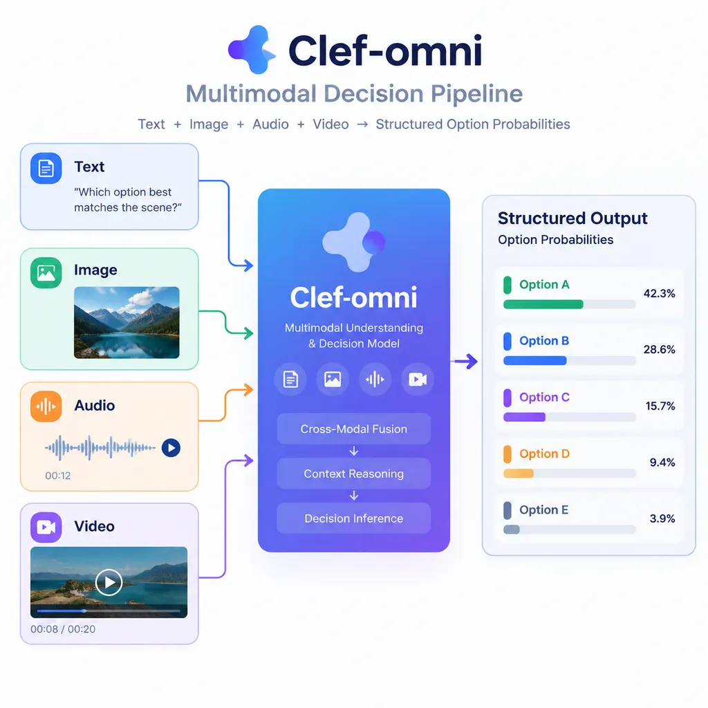 Clef-omni 多模态决策流程示意图,展示文本、图像、音频和视频输入如何进入模型并输出结构化选项概率
