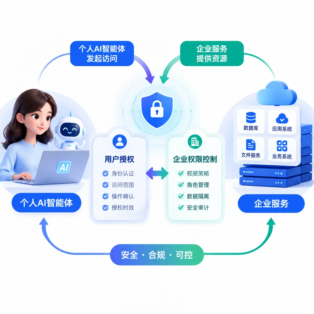 个人AI智能体向企业服务发起访问,用户授权与企业权限控制在中间交汇的示意图