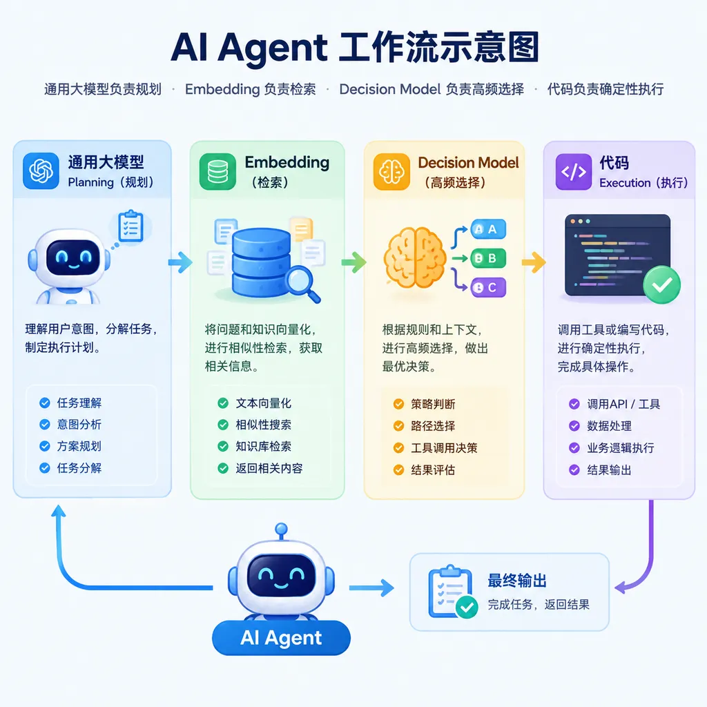 一个 AI Agent 工作流示意图,展示通用大模型负责规划、Embedding 负责检索、Decision Model 负责高频选择、代码负责确定性执行