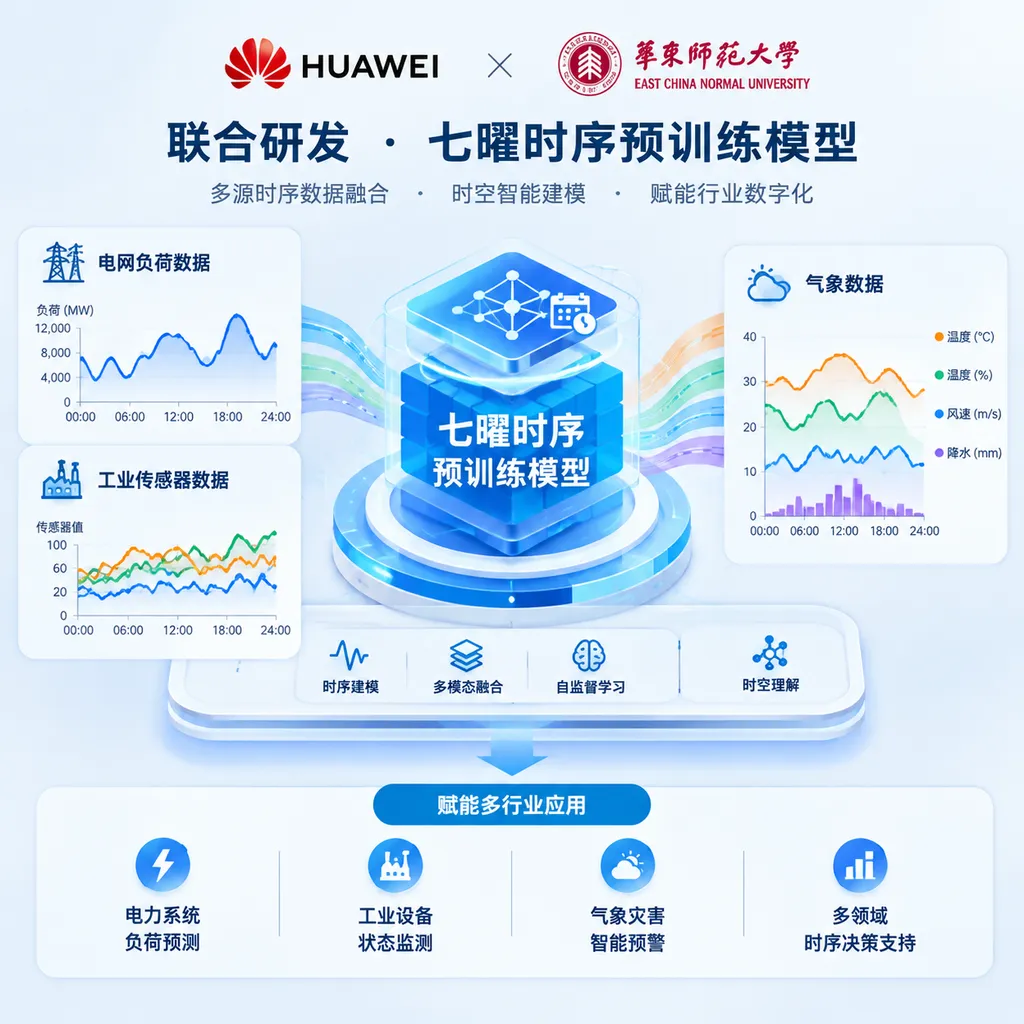 Illustration of Qiyao, the time-series pretrained model jointly developed by Huawei and East China Normal University, with curves representing power-grid loads, industrial sensors, and weather data in the background