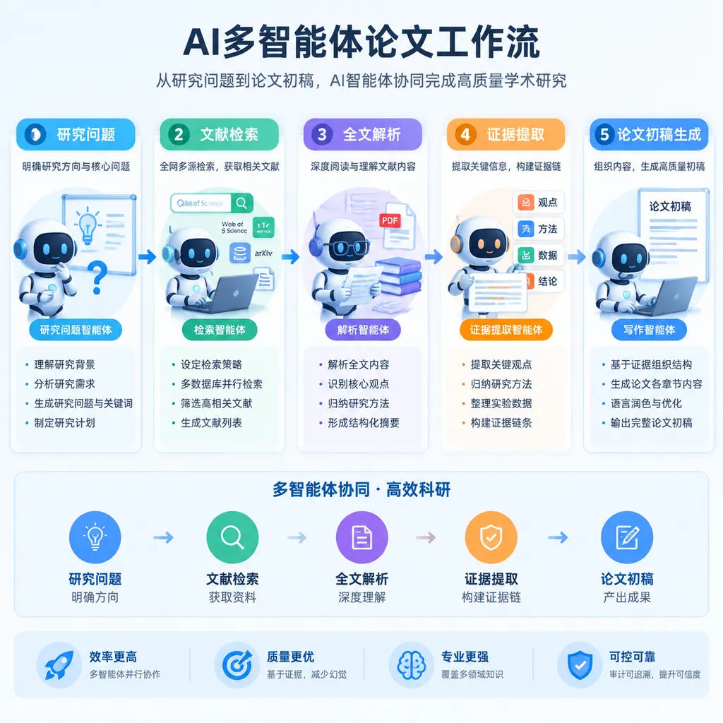 Diagram of an AI multi-agent research paper workflow, showing the process from research questions, literature search, full-text parsing, and evidence extraction to first-draft generation