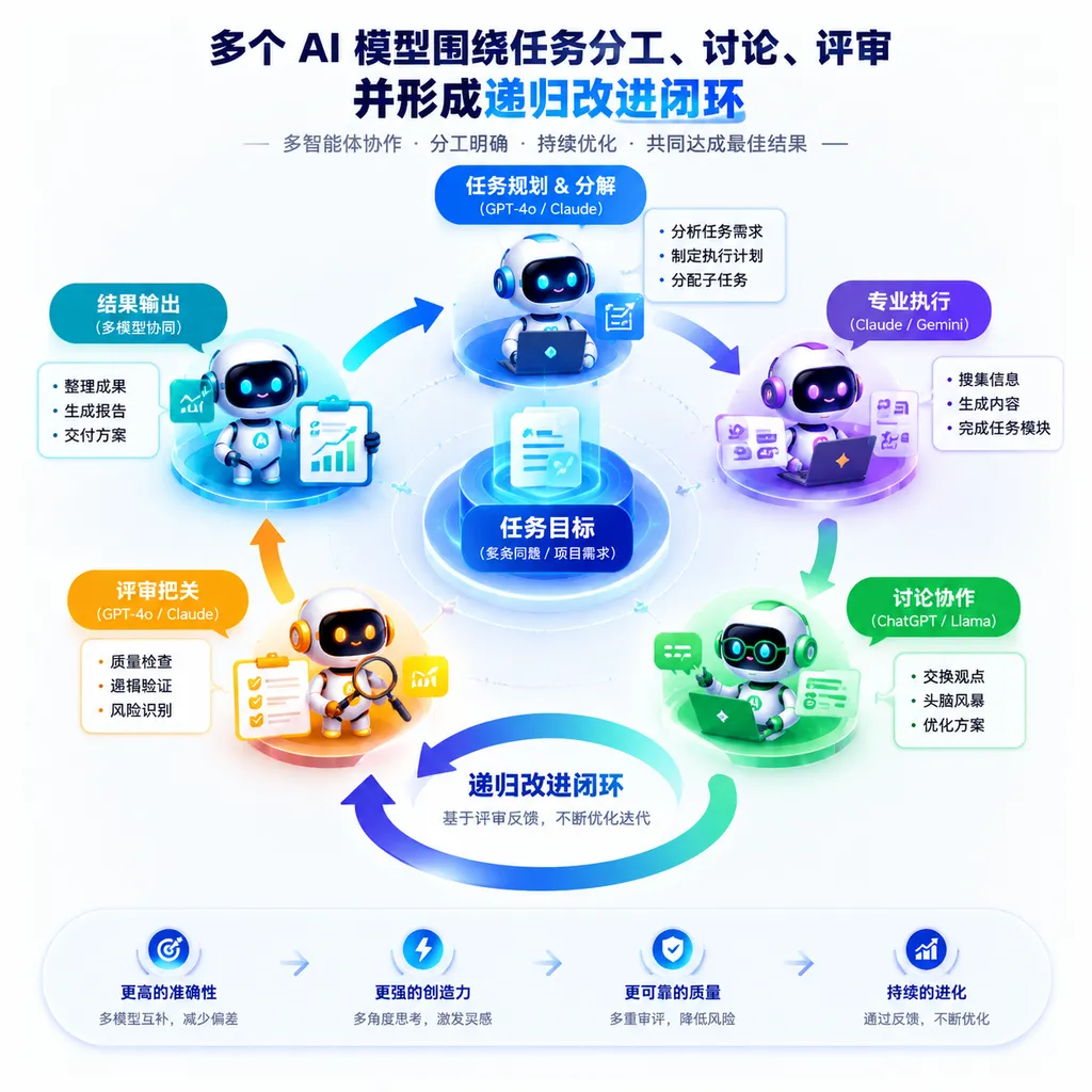 多个 AI 模型围绕任务分工、讨论、评审并形成递归改进闭环的示意图