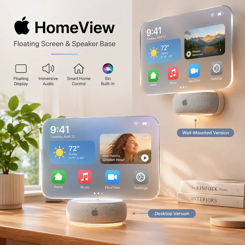 苹果 HomeView 悬浮屏幕与扬声器底座的产品概念图,展示桌面版和壁挂版两种形态