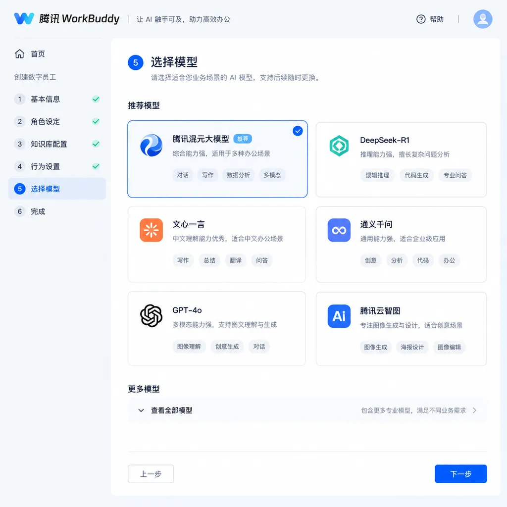 Illustration of a screenshot showing Step 5 Preview in Tencent WorkBuddy's model selection interface