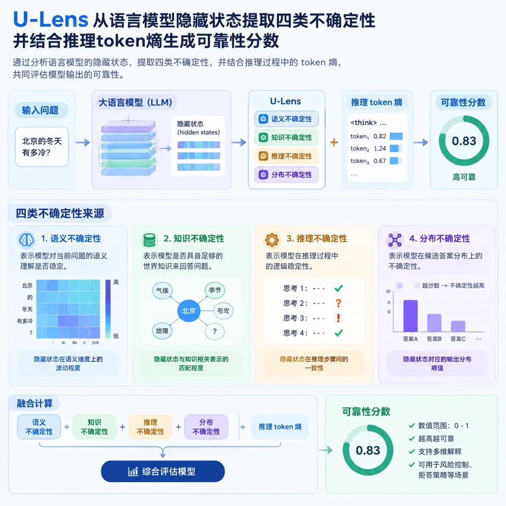 U-Lens从语言模型隐藏状态提取四类不确定性,并结合推理token熵生成可靠性分数的示意图