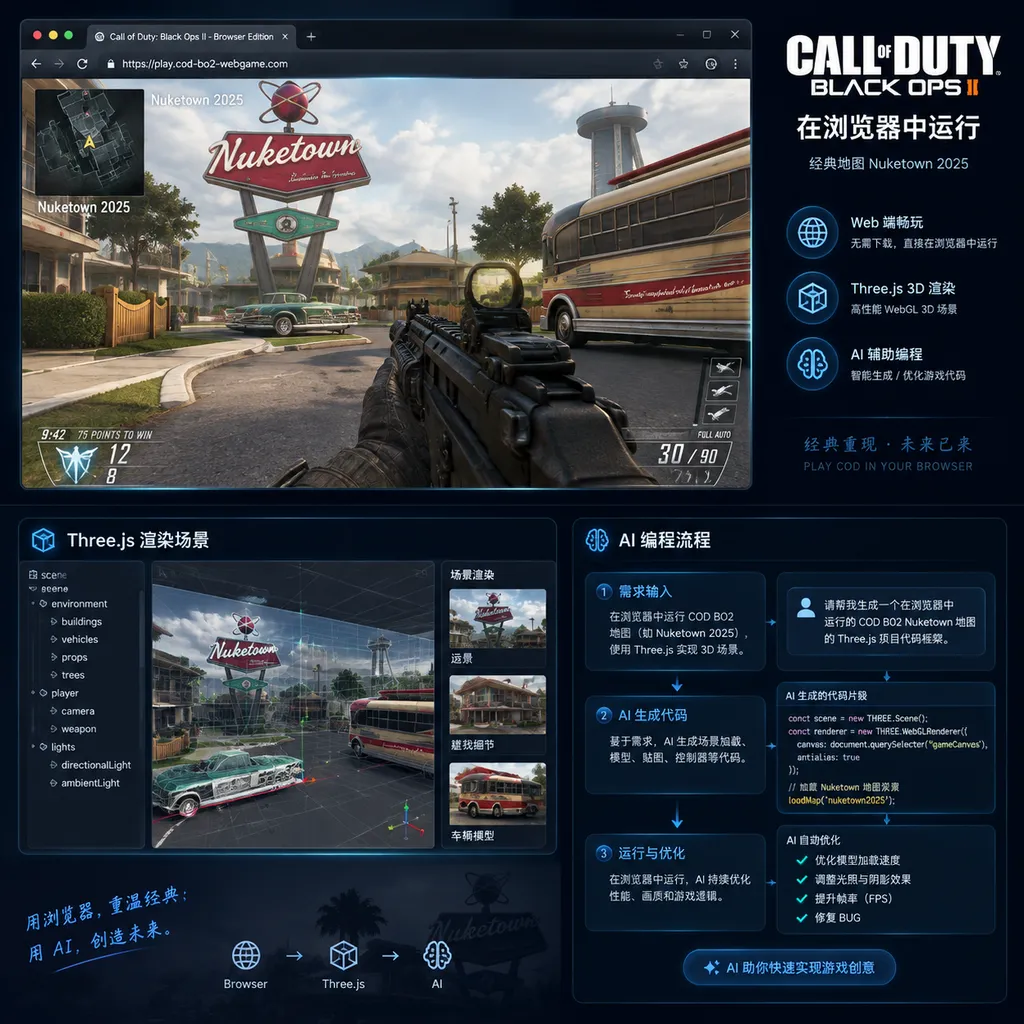Conceptual illustration of a Call of Duty: Black Ops II map running in a browser, showing a web game window, a Three.js-rendered scene, and an AI programming workflow