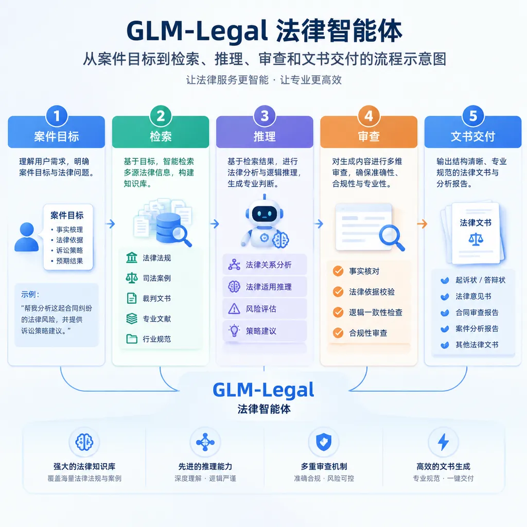 GLM-Legal法律智能体从案件目标到检索、推理、审查和文书交付的流程示意图