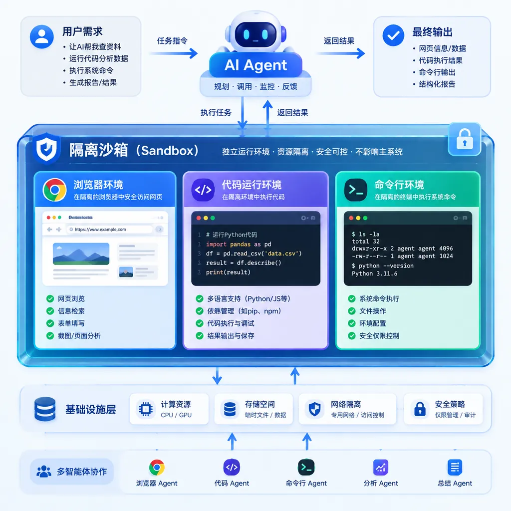 AI Agent 在隔离沙箱中运行浏览器、代码和命令行任务的架构示意图