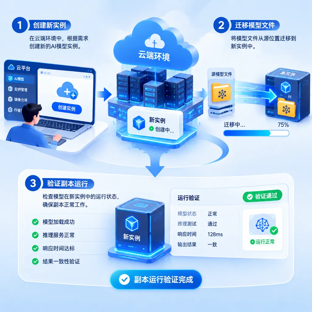 AI 模型在云端环境中创建新实例、迁移模型文件并验证副本运行的示意图