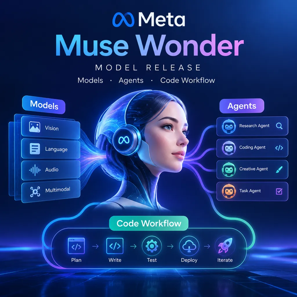 A launch graphic for Meta Muse Wonder, showing models, agents, and coding workflows