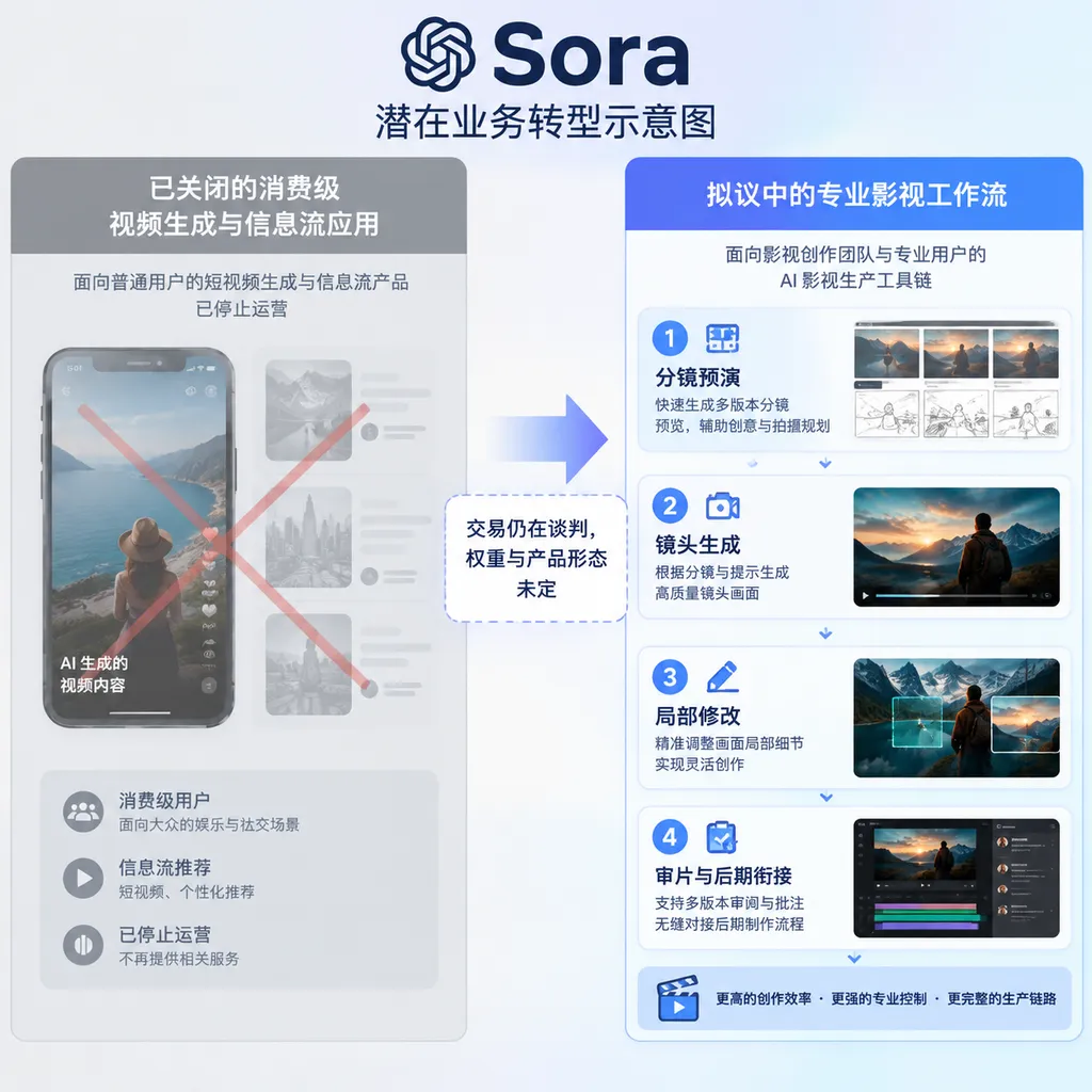 Illustration of Sora's potential business transformation: the left side shows the discontinued consumer video-generation and feed-based application, while the right side shows the proposed professional film and television workflow, including storyboard previsualization, shot generation, localized edits, screening, and post-production handoff. The center is labeled “The deal is still under negotiation; the model weights and product form have not been determined,” avoiding any visual suggestion that the product has officially launched.