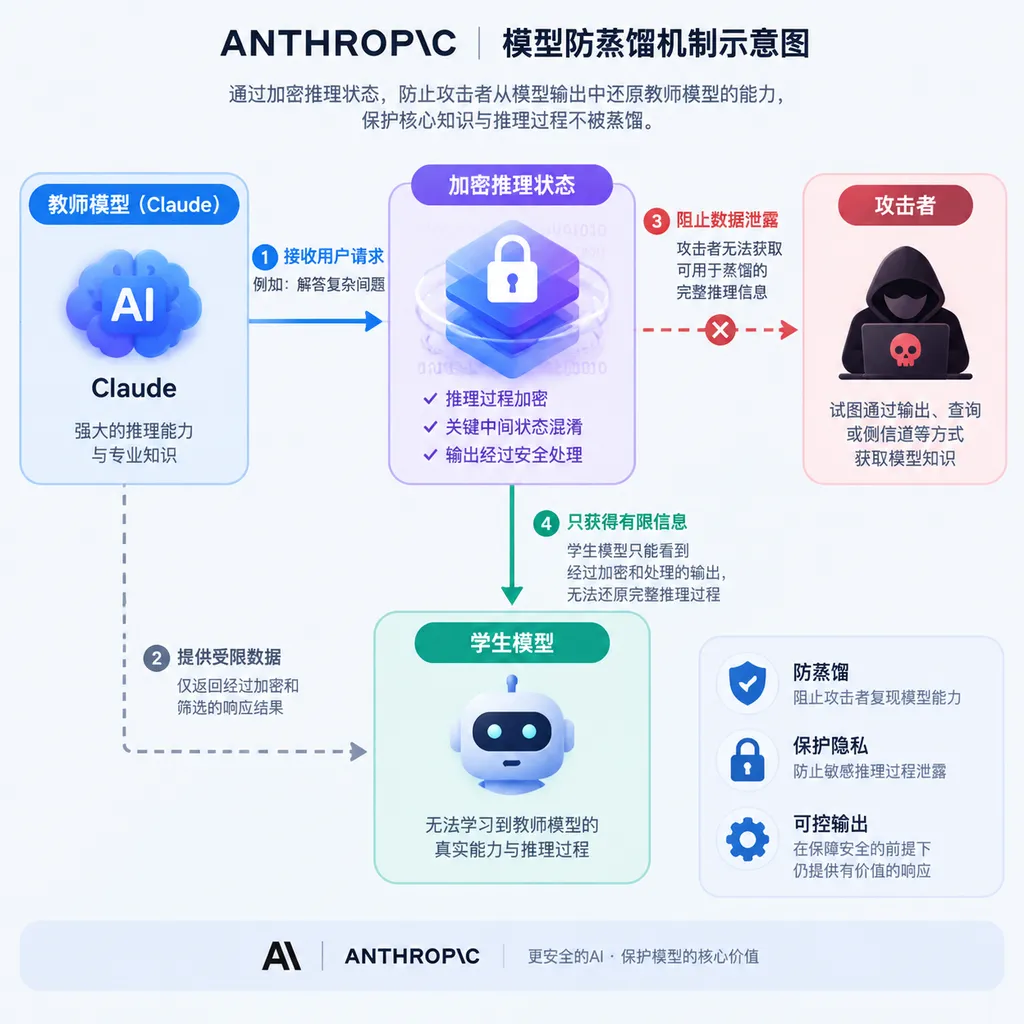Anthropic模型防蒸馏机制示意图,展示教师模型、加密推理状态、攻击者与学生模型之间的数据流