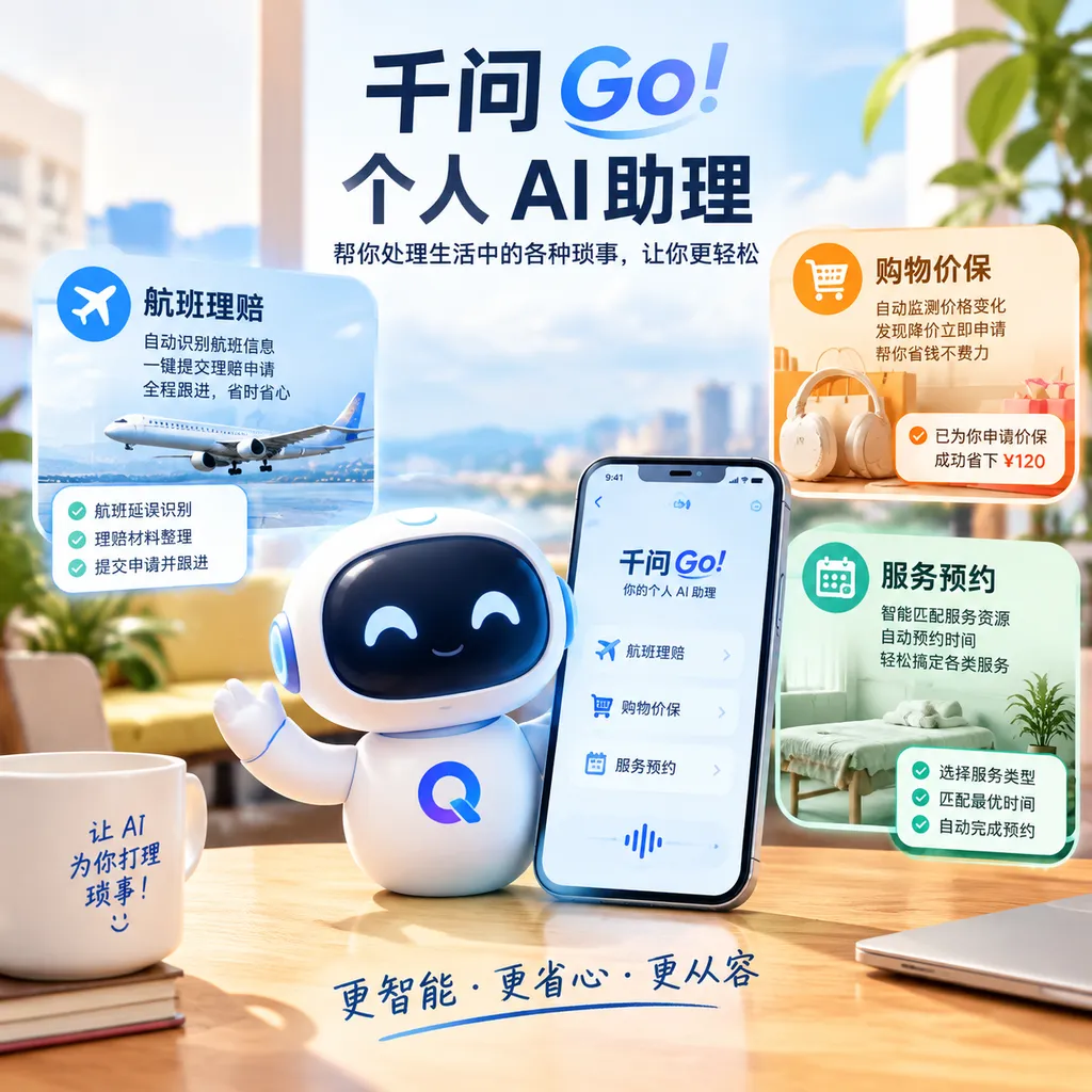 千问 Go!个人 AI 助理自主处理航班理赔、购物价保和服务预约的产品概念图