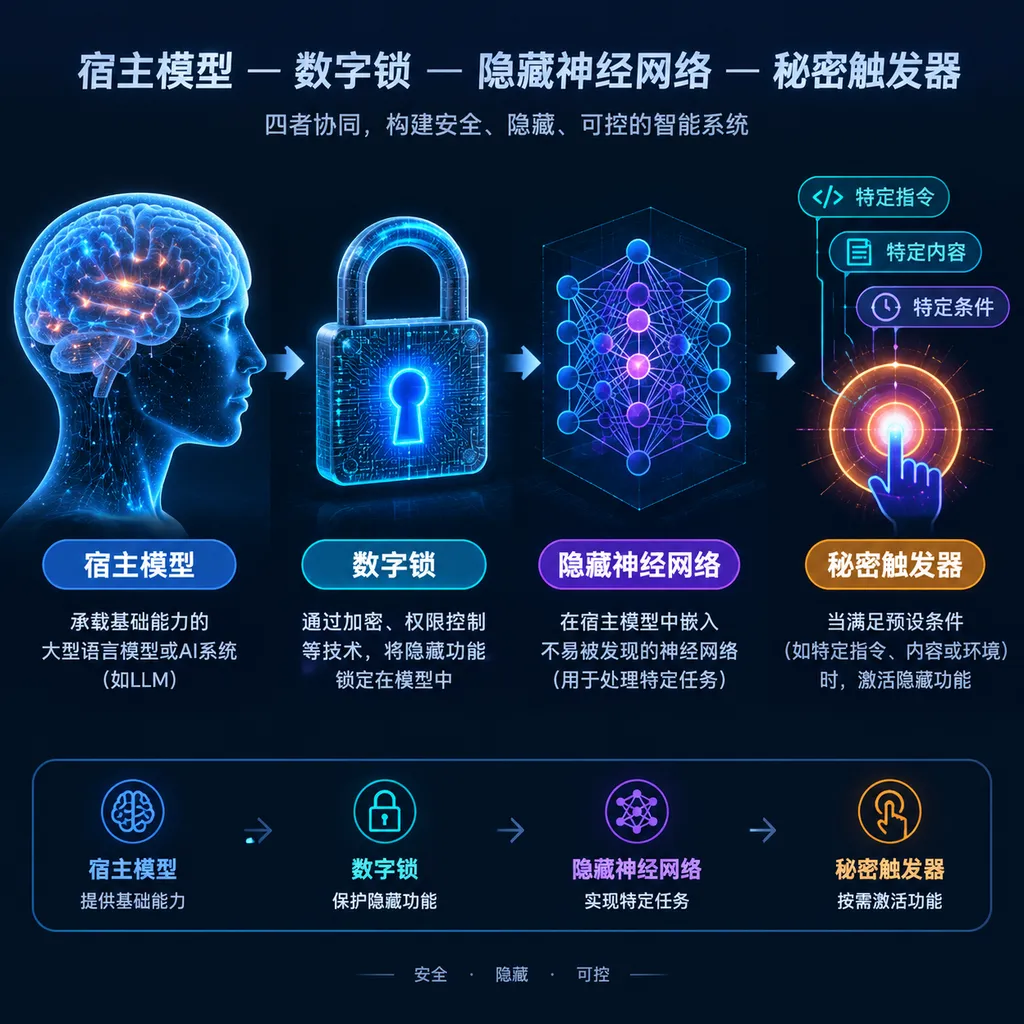 展示“宿主模型—数字锁—隐藏神经网络—秘密触发器”关系的示意图