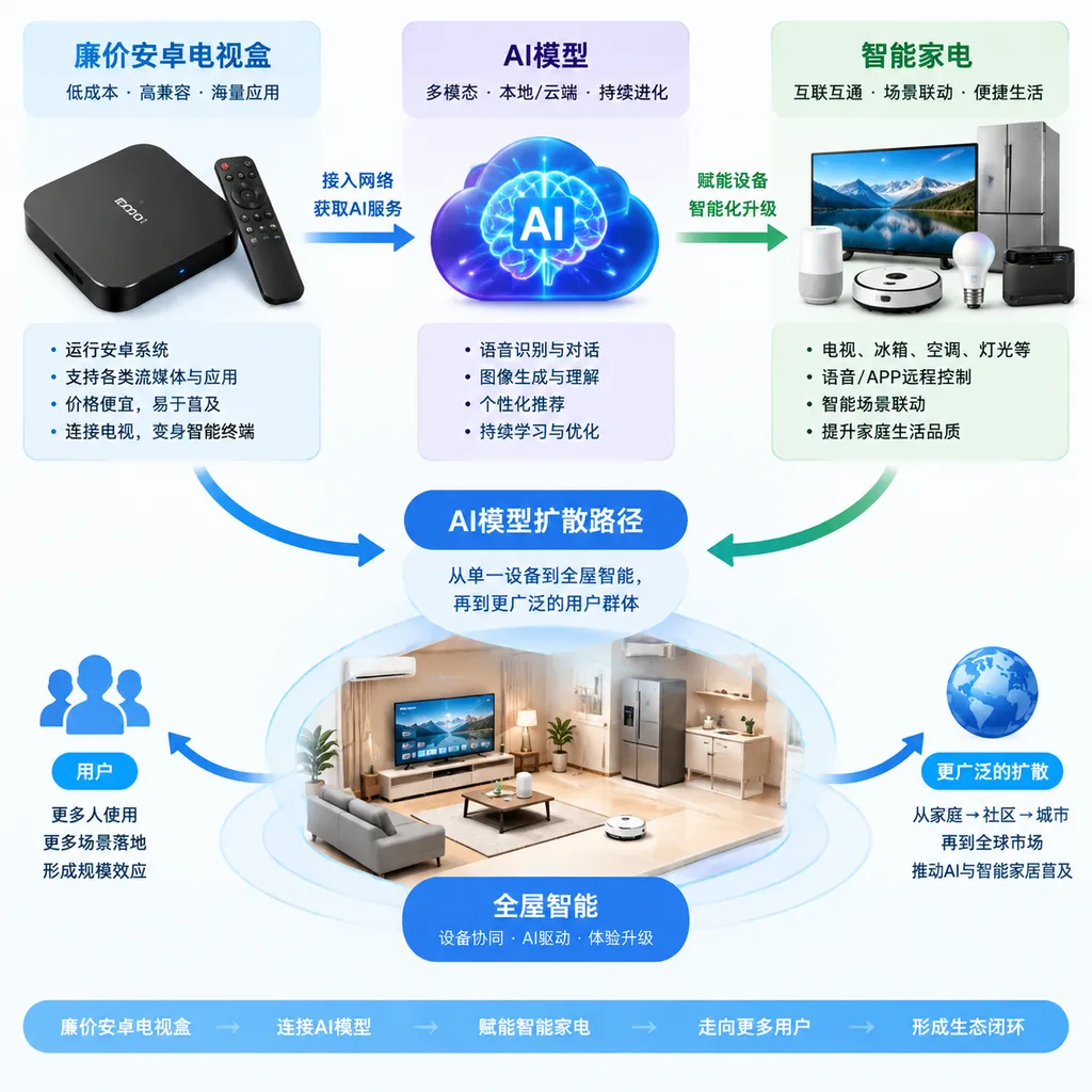 Diagram illustrating inexpensive Android TV boxes, smart appliances, and AI model propagation paths