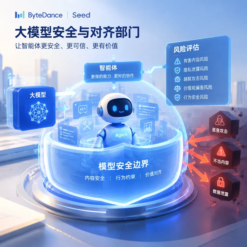 Conceptual illustration of ByteDance Seed’s newly established foundation-model safety and alignment division, highlighting agents, model safety boundaries, and risk assessment