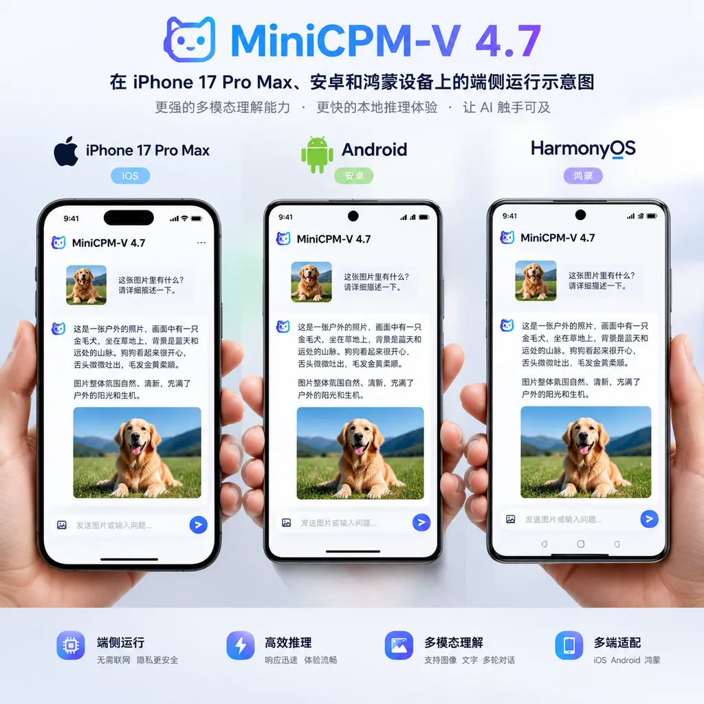 MiniCPM-V 4.7 在 iPhone 17 Pro Max、安卓和鸿蒙设备上的端侧运行示意图