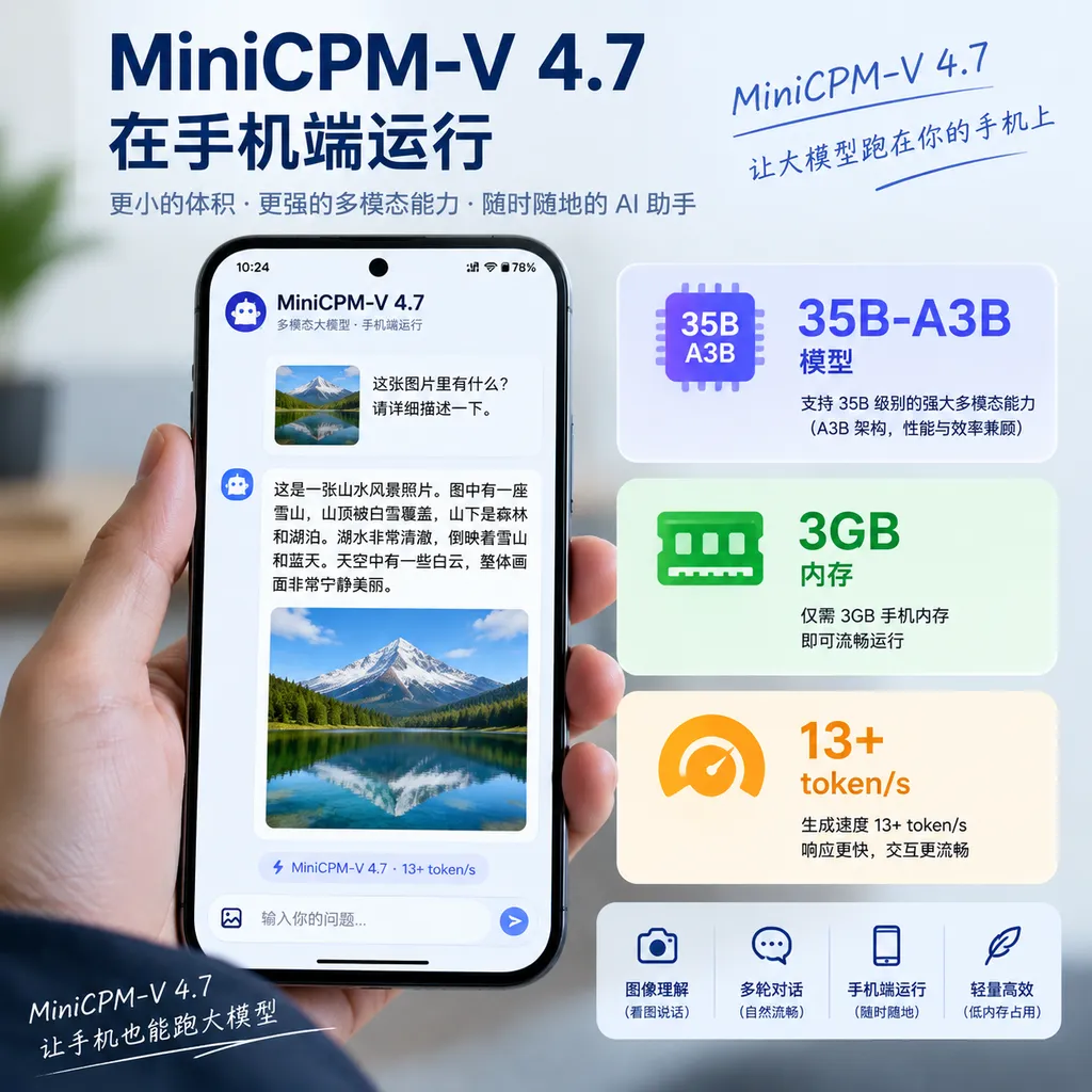 MiniCPM-V 4.7在手机端运行的示意图,展示35B-A3B模型、3GB内存和13+ token/s等关键信息
