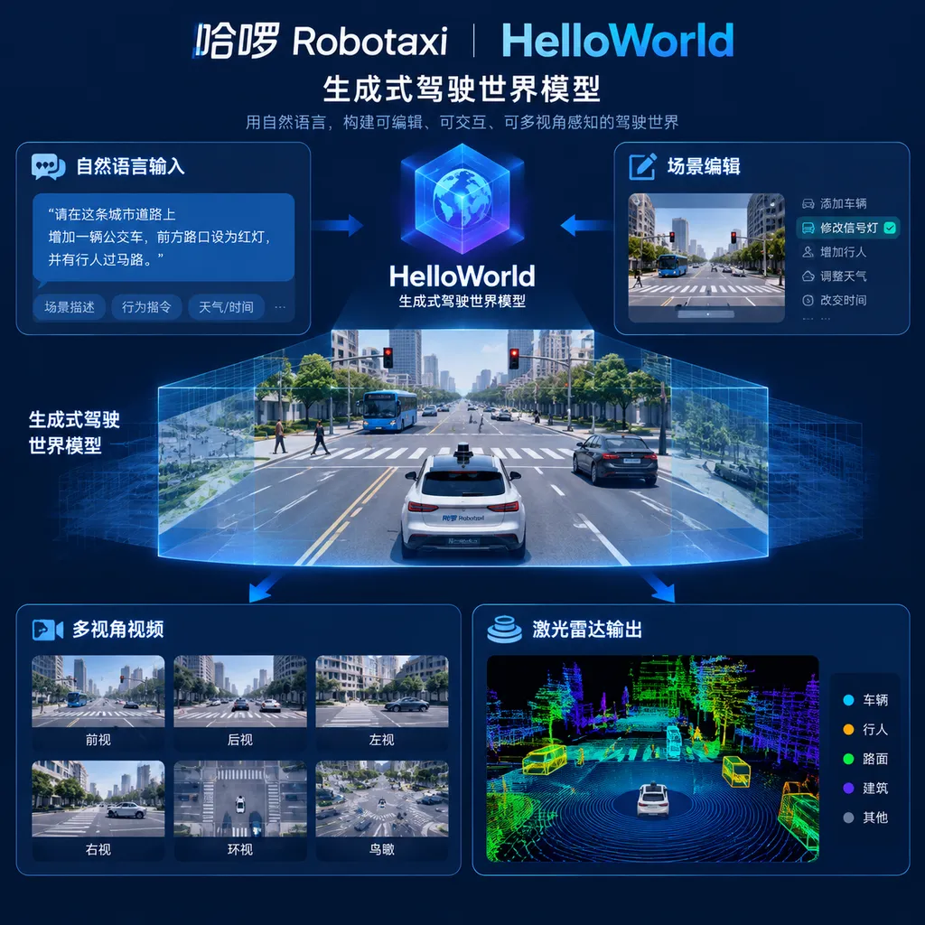 Illustration of Hello Robotaxi's HelloWorld generative driving world model, showing natural-language input, scene editing, multiview video, and LiDAR output