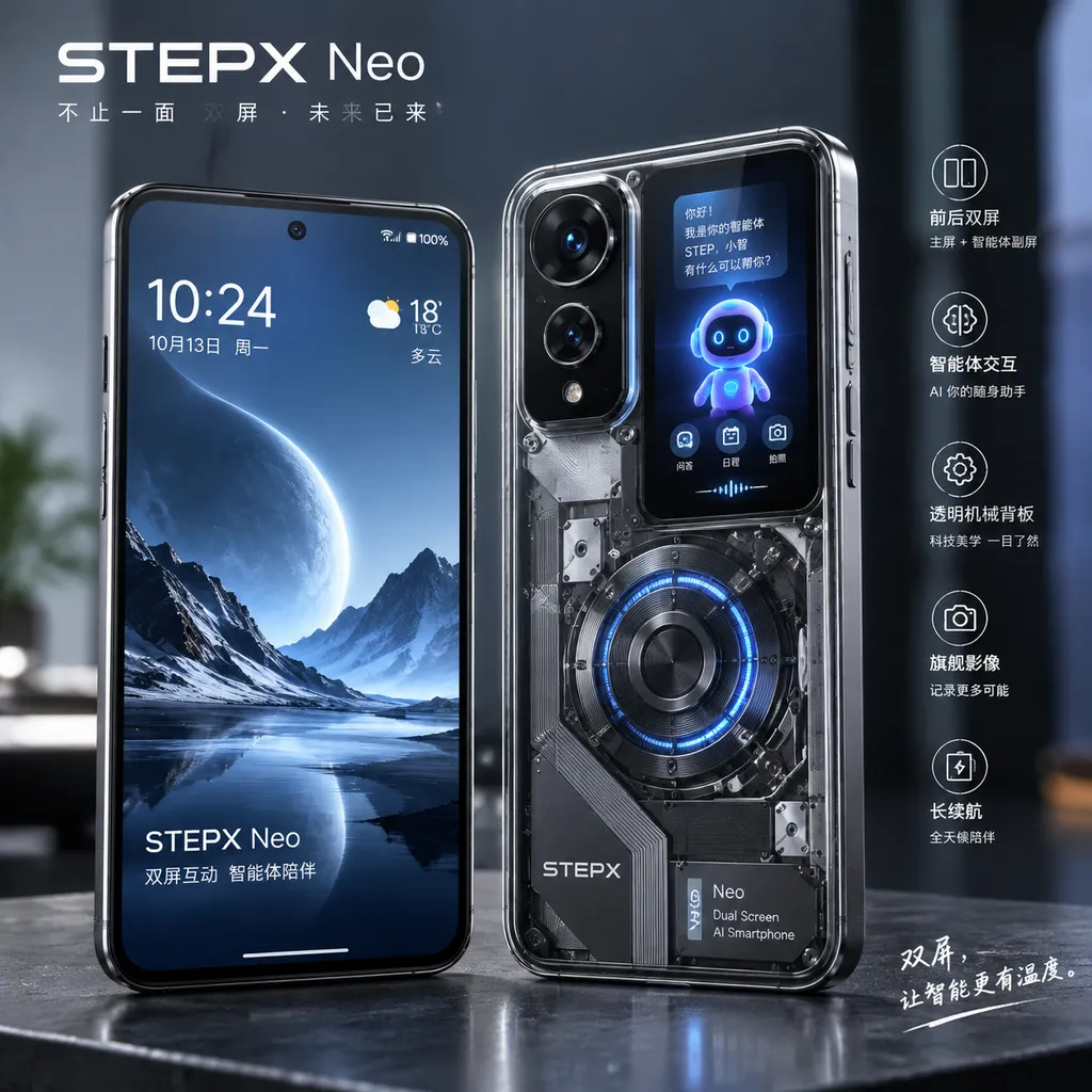 STEPX Neo 手机正面与背面双屏设计,展示透明机械感背板和智能体交互副屏