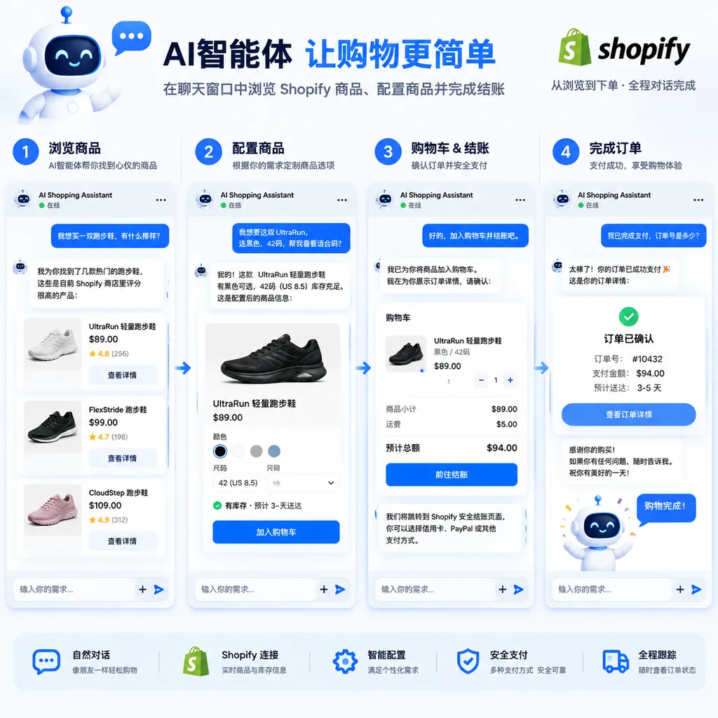 AI智能体在聊天窗口中浏览Shopify商品、配置商品并完成结账的流程示意图