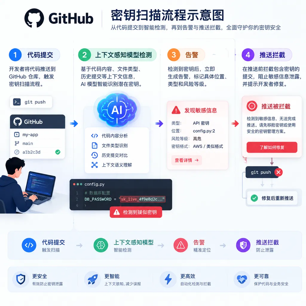 GitHub密钥扫描流程示意图,展示代码提交、上下文感知模型检测、告警与推送拦截之间的关系