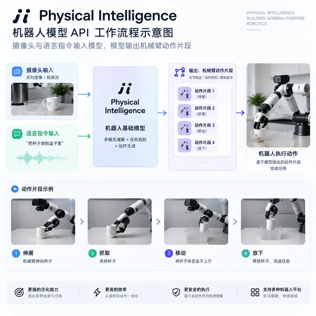 Physical Intelligence 机器人模型 API 工作流程示意图:摄像头与语言指令输入模型,模型输出机械臂动作片段