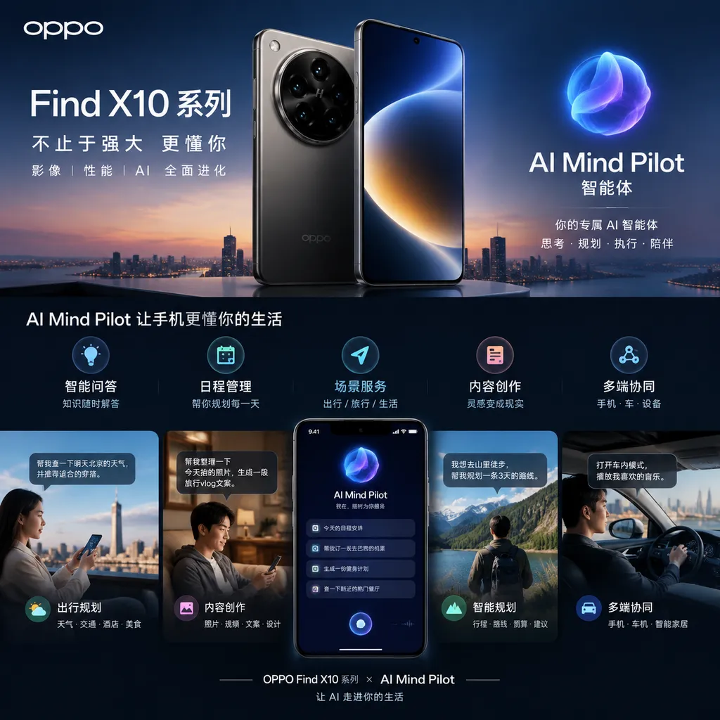 OPPO Find X10 系列手机与 AI Mind Pilot 智能体功能示意图