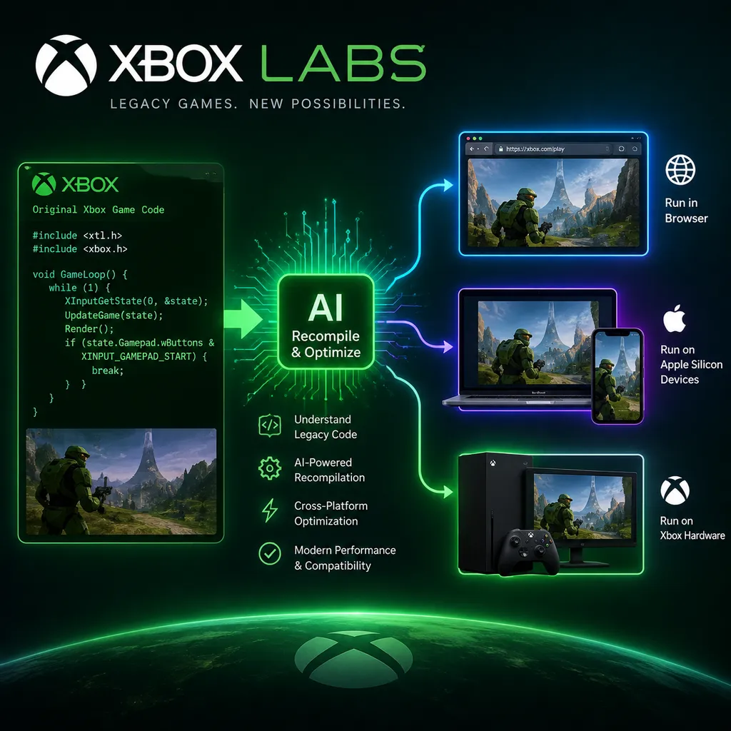 Xbox Labs概念图,左侧是经典Xbox游戏代码,中间经过AI重编译,右侧分别运行在浏览器、Apple芯片设备和Xbox硬件上