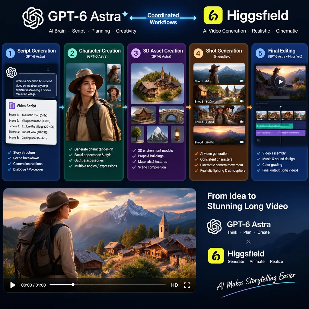 Workflow diagram showing GPT-6 Astra coordinating Higgsfield’s long-form video generation, including scripting, characters, 3D assets, shot generation, and final editing