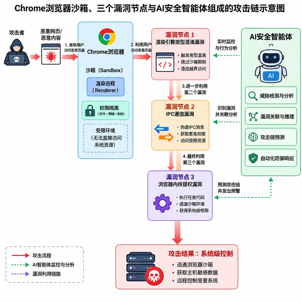 Chrome浏览器沙箱、三个漏洞节点与AI安全智能体组成的攻击链示意图