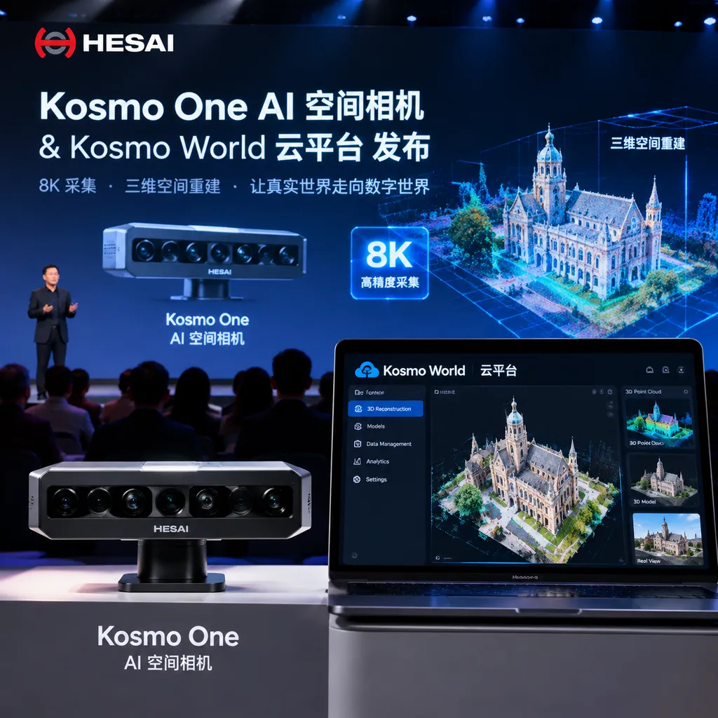 禾赛 Kosmo One AI 空间相机与 Kosmo World 云平台发布现场,展示 8K 采集和三维空间重建效果