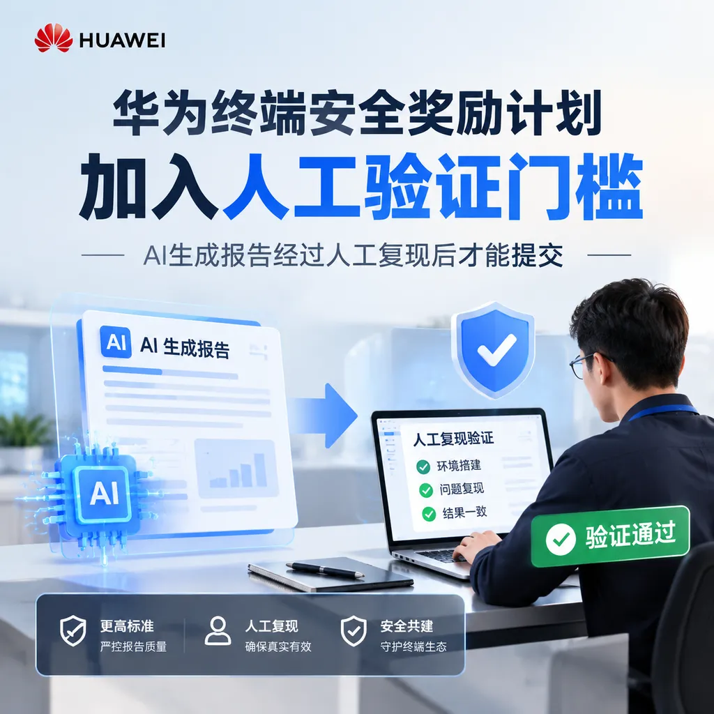 华为终端安全奖励计划加入人工验证门槛,AI生成报告经过人工复现后才能提交