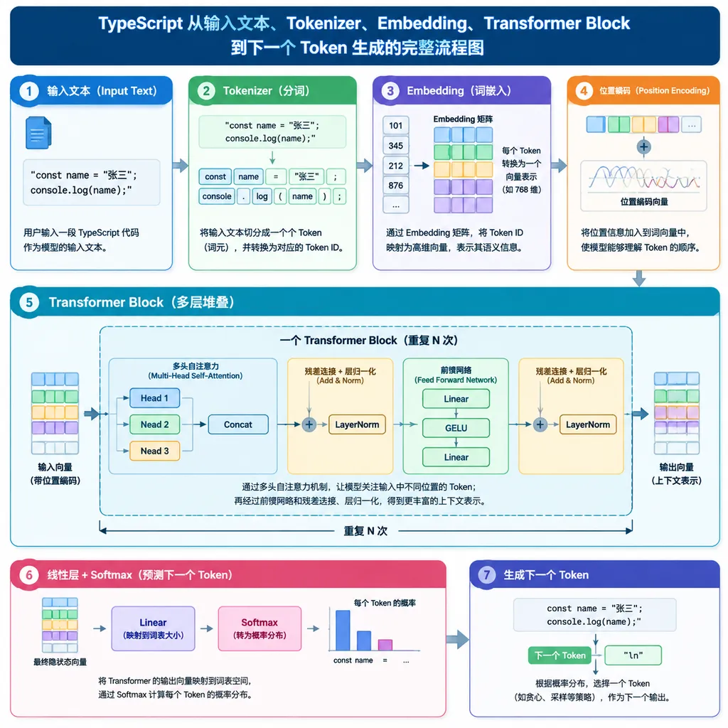 TypeScript 从输入文本、Tokenizer、Embedding、Transformer Block 到下一个 Token 生成的完整流程图