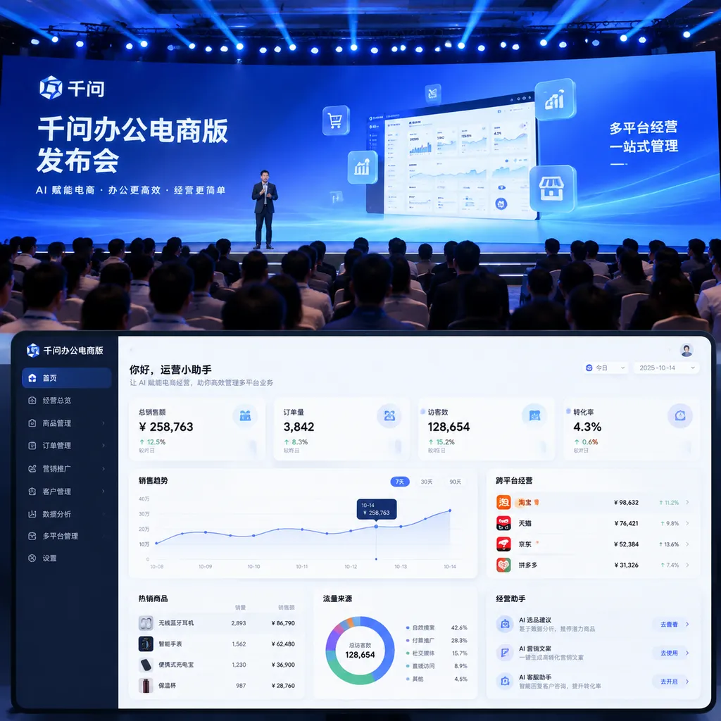 Qwen Office E-Commerce Edition launch event and cross-platform operations dashboard