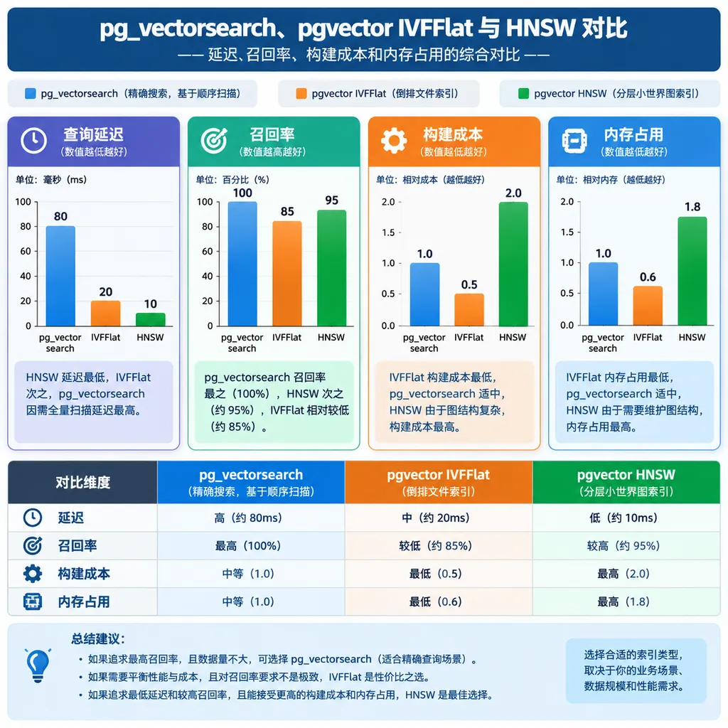 pg_vectorsearch、pgvector IVFFlat 与 HNSW 在延迟、召回率、构建成本和内存占用上的对比示意图