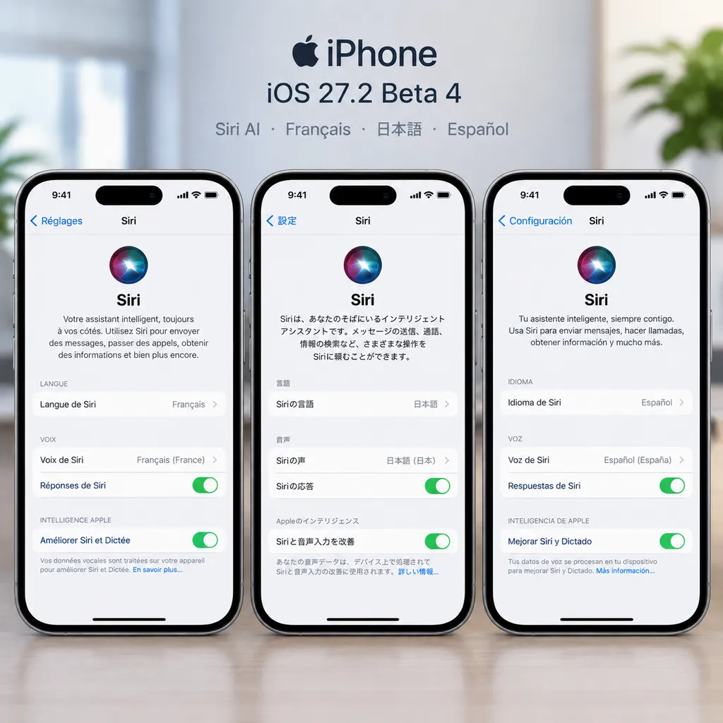 iPhone运行iOS 27.2 Beta 4并展示Siri AI法语、日语、西班牙语设置界面