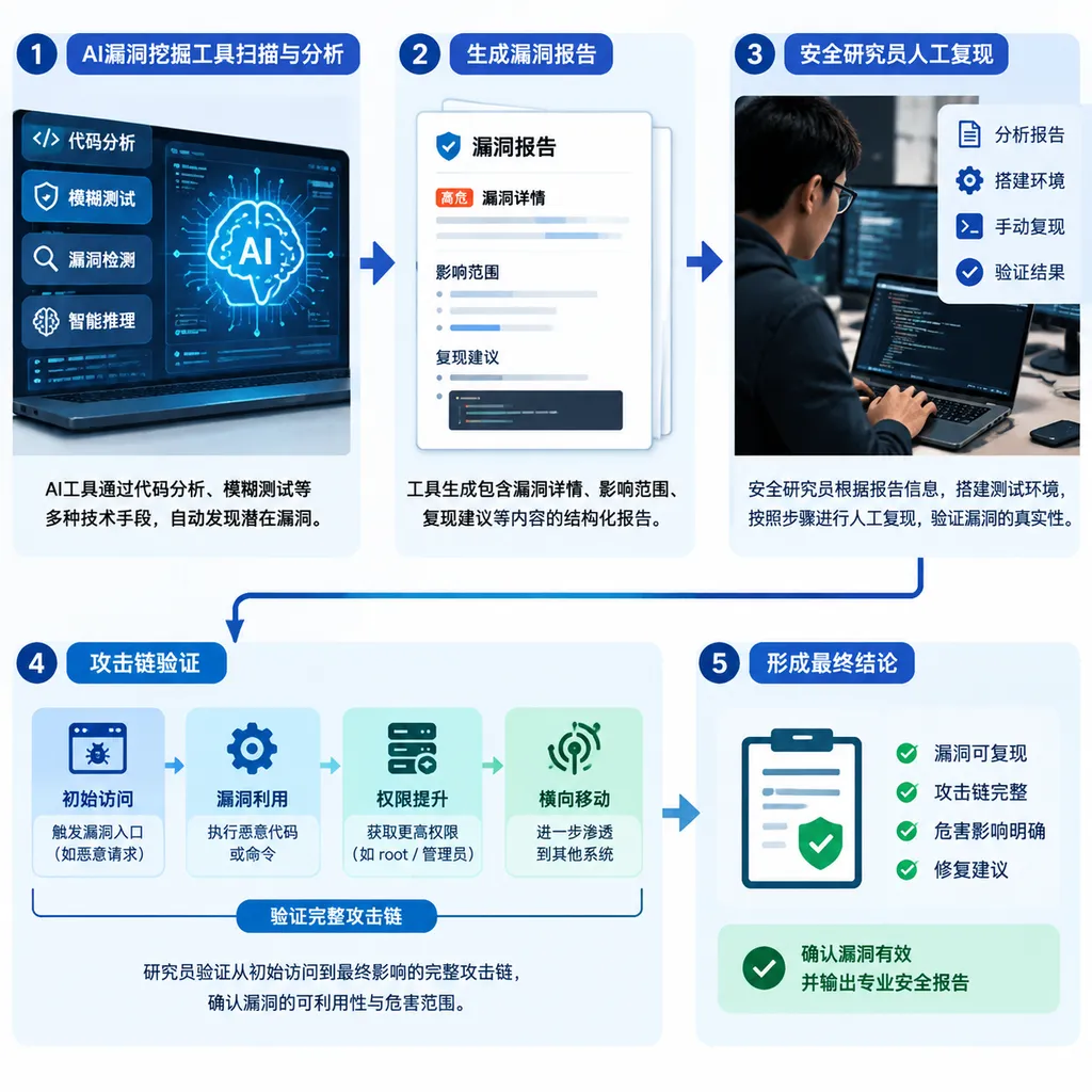 Diagram showing a security researcher manually reproducing a vulnerability and validating the attack chain after an AI vulnerability discovery tool generates a report