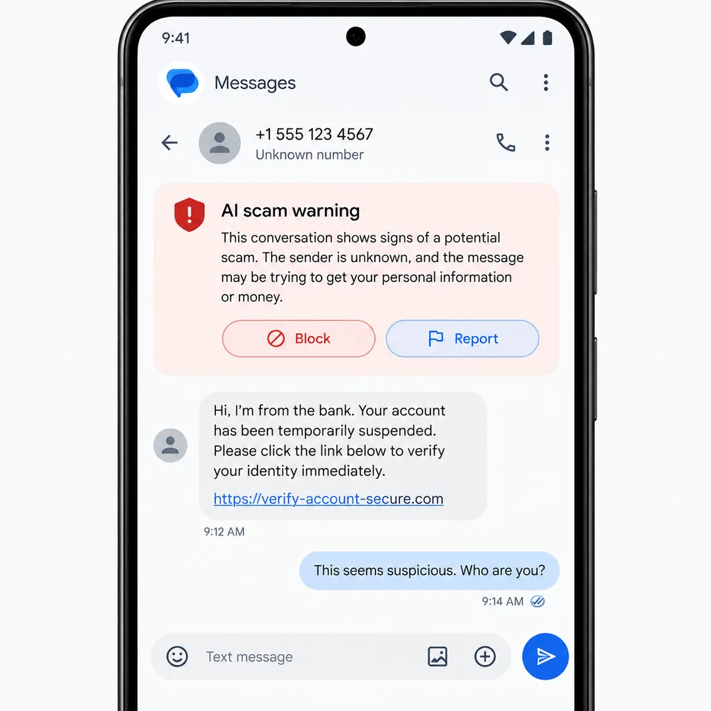 Google Messages 在可疑陌生人对话中显示 AI 诈骗警告,用户可选择屏蔽或举报
