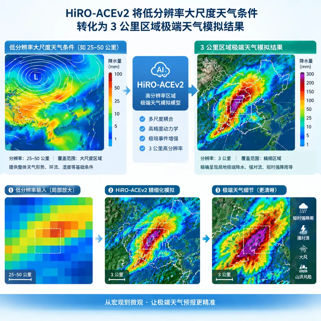 HiRO-ACEv2 将低分辨率大尺度天气条件转化为 3 公里区域极端天气模拟结果的示意图