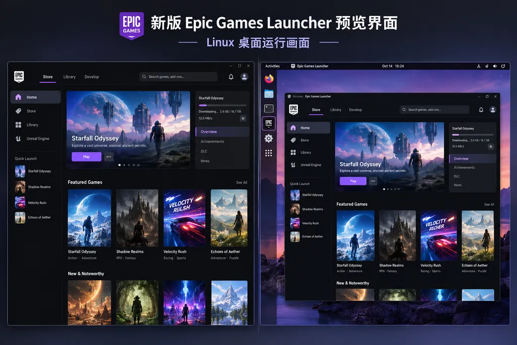 新版 Epic Games Launcher 预览界面与 Linux 桌面运行画面的并列截图