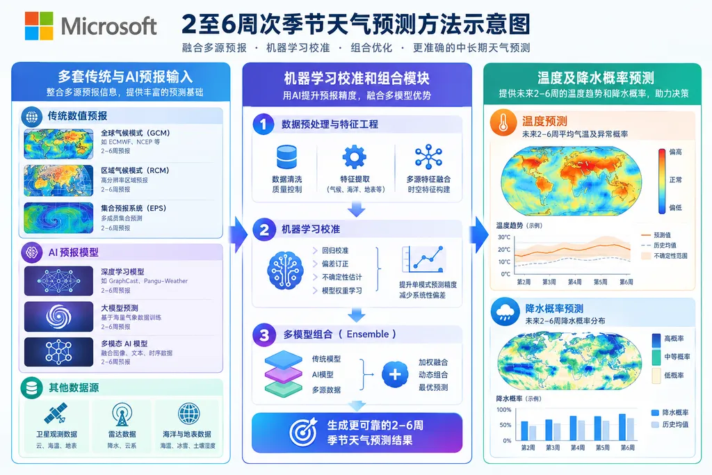 微软2至6周次季节天气预测方法示意图,左侧为多套传统与AI预报输入,中间为机器学习校准和组合模块,右侧为温度及降水概率预测
