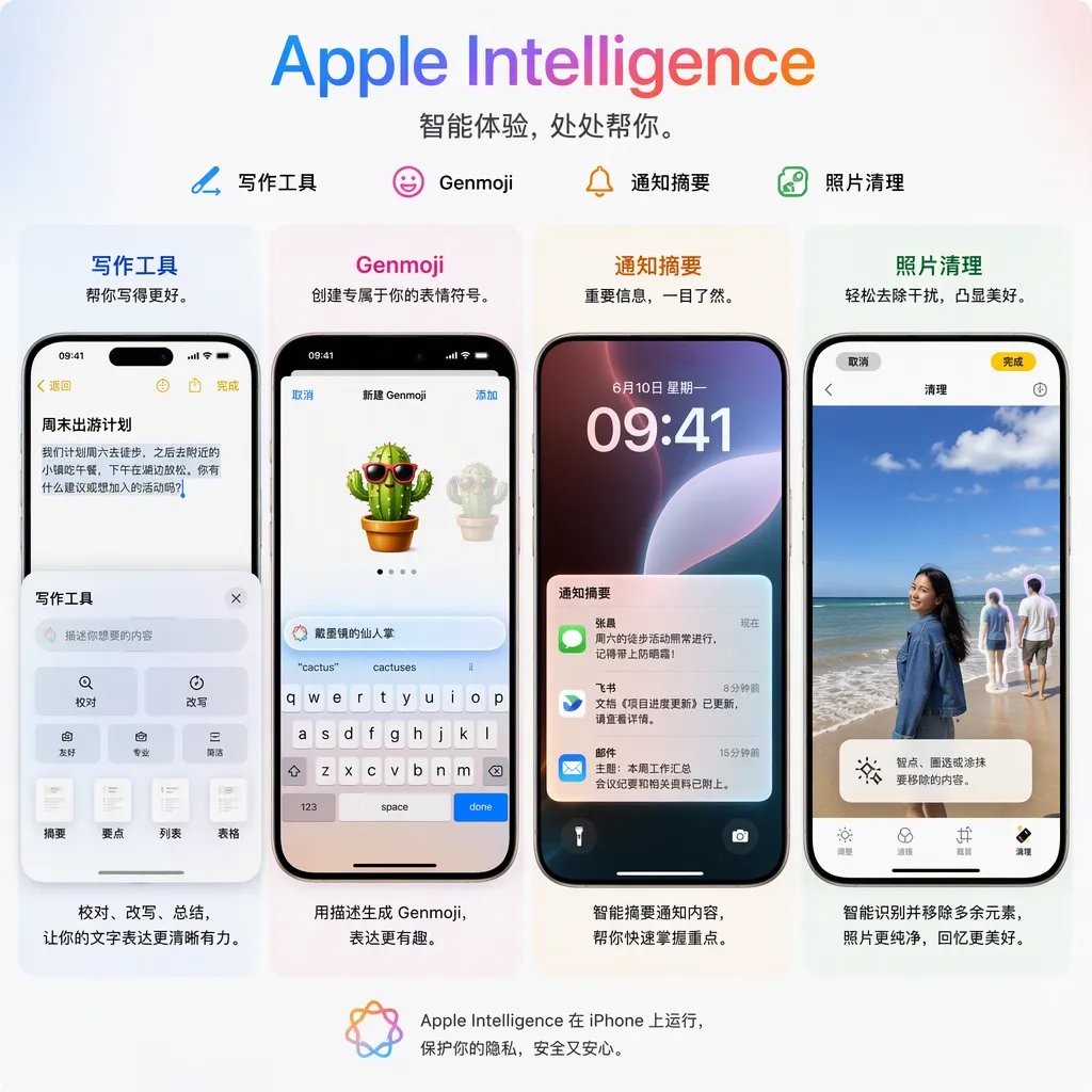 iPhone上的Apple Intelligence写作工具、Genmoji、通知摘要与照片清理功能组合示意图
